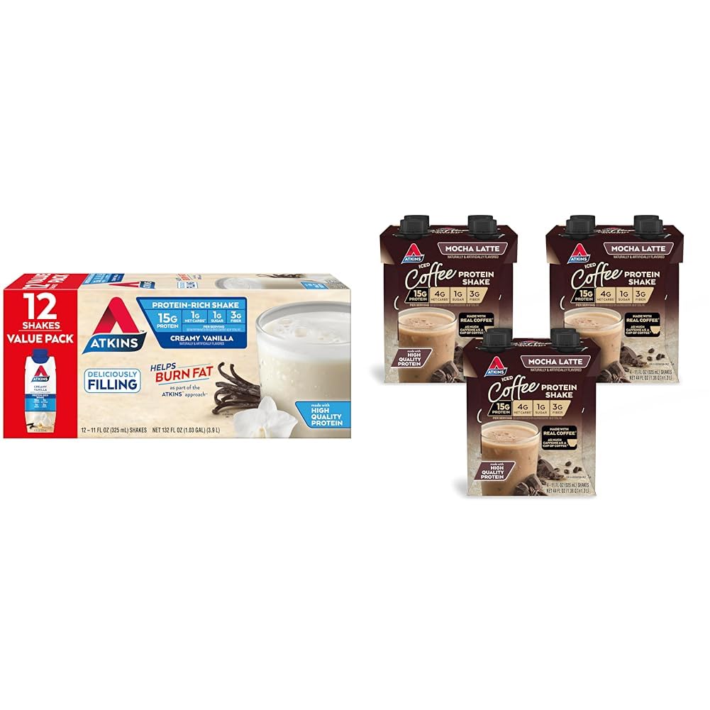 Atkins Creamy Vanilla Protein Shake, 15g Protein, Low Glycemic, 2g Net Carb, 1g Sugar, Keto Friendly, 12 Count & Mocha Latte Iced Coffee Protein Shake, 15g Protein, Low Glycemic, 4g Net Carb, 1g Sugar