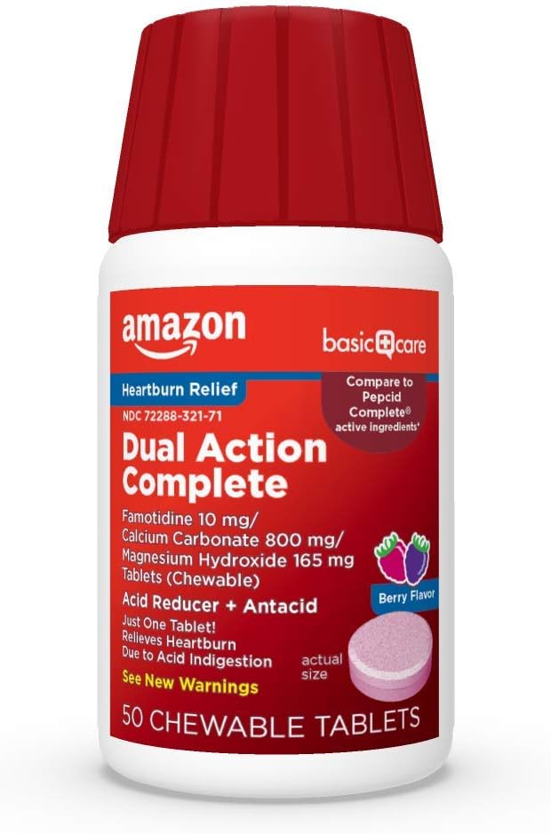 Temel Bakım Dual Action Tamam, Chewable Acid Function Plus Antacid Tabletleri, Berry Flavor, Heartburn Tıp, Asit Indigestion Relief, 50 Count