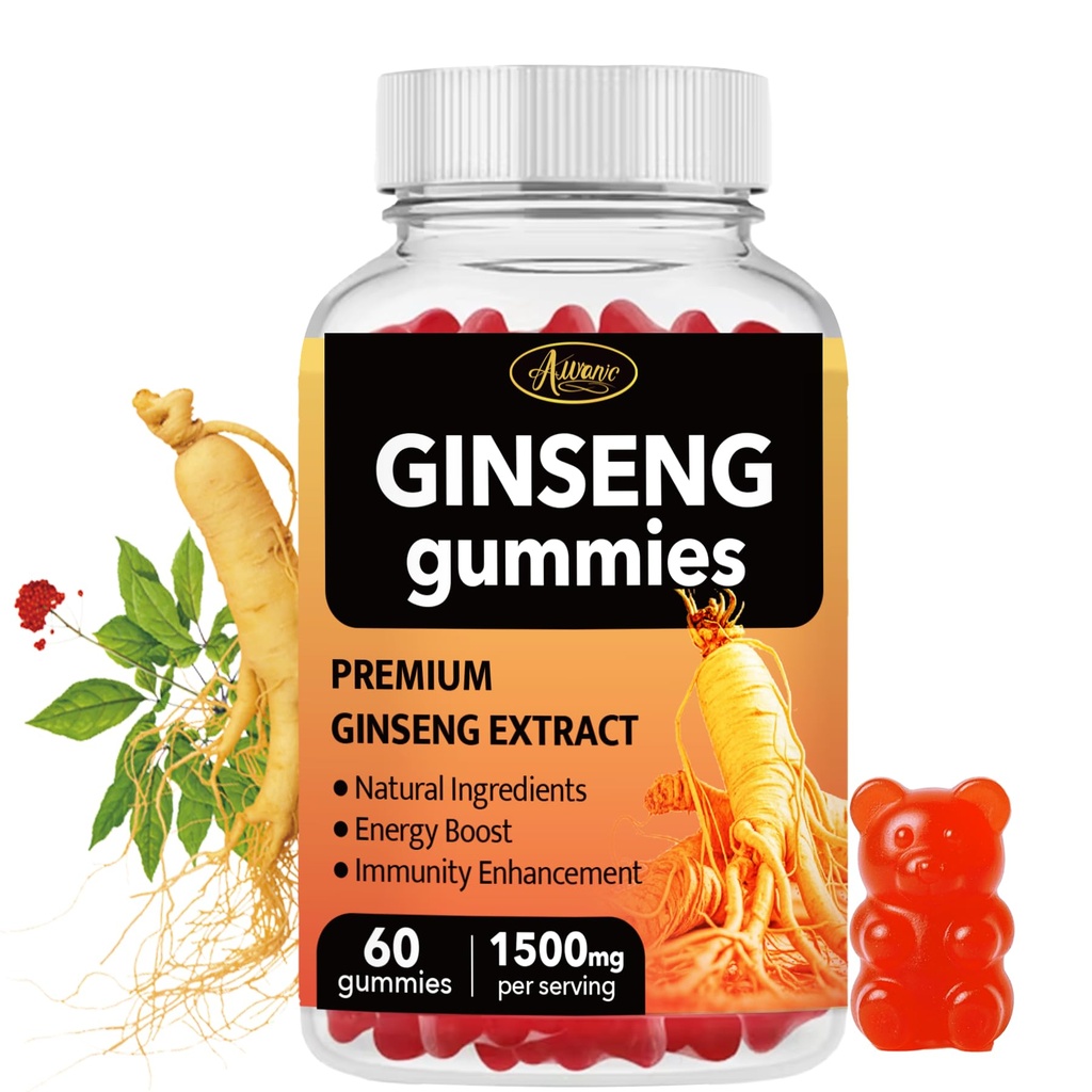 60 Count Asian Panax Ginseng Gummies 1500mg Supplements for Men and Women, Energy Maca Ginseng Root Extract Gummies for Memory & Immunity Support, Pectin-Based Apple Flavored Chews Gummy