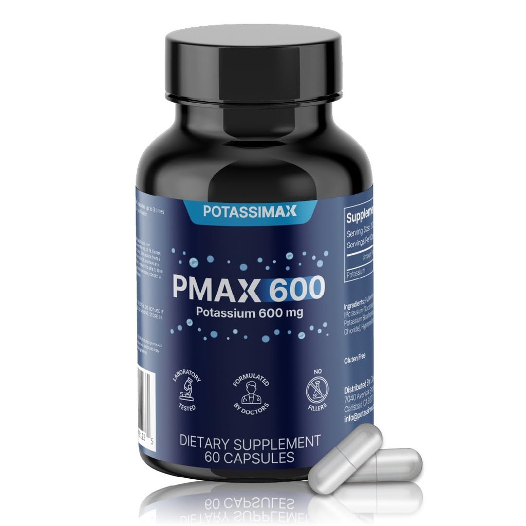 PMAX600 High Dose Pure Potassium Electrolyte Supplement 600mg Capsules 4-Type Potassium Blend-Citrate, Gluconate, Bicarbonate,Chloride. Supports Healthy Blood Pressure, Heart, Kidneys, Bones, Muscles