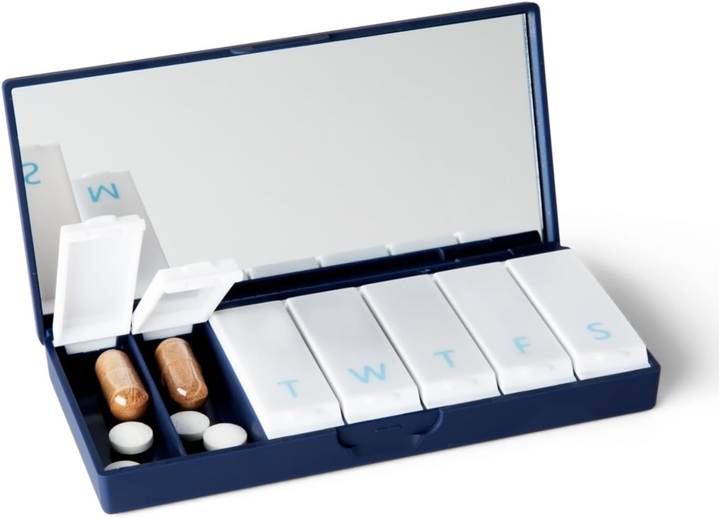 PORT X POLISH Tasarımcı Pi Weekly Box Organizer (Single 1X Daily, Donanma) | Compact, Şık 7 Günlük Vitamin Tamam Davası | Cute Portable Mini Travel Medicine Carrier | Madonna-Free Pillbox Caddy