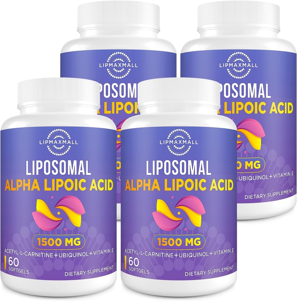 Liposomal Alpha Lipoic Acid 1500 mg - Acetyl-L-Carnitine 900 mg & Ubiquinol 100 mg & Vitamin E 15 mg,ALA Supplement for Antioksis Glucose Metabolism Nerve Energy,60 Softgels (4 Şişe)