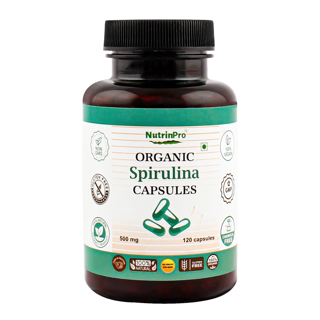 USDA Organik Spirulina Capsules - 100% Pure Vegan Supplement, Non-GMO, Gluten-Free, Chemical-Free, (120)