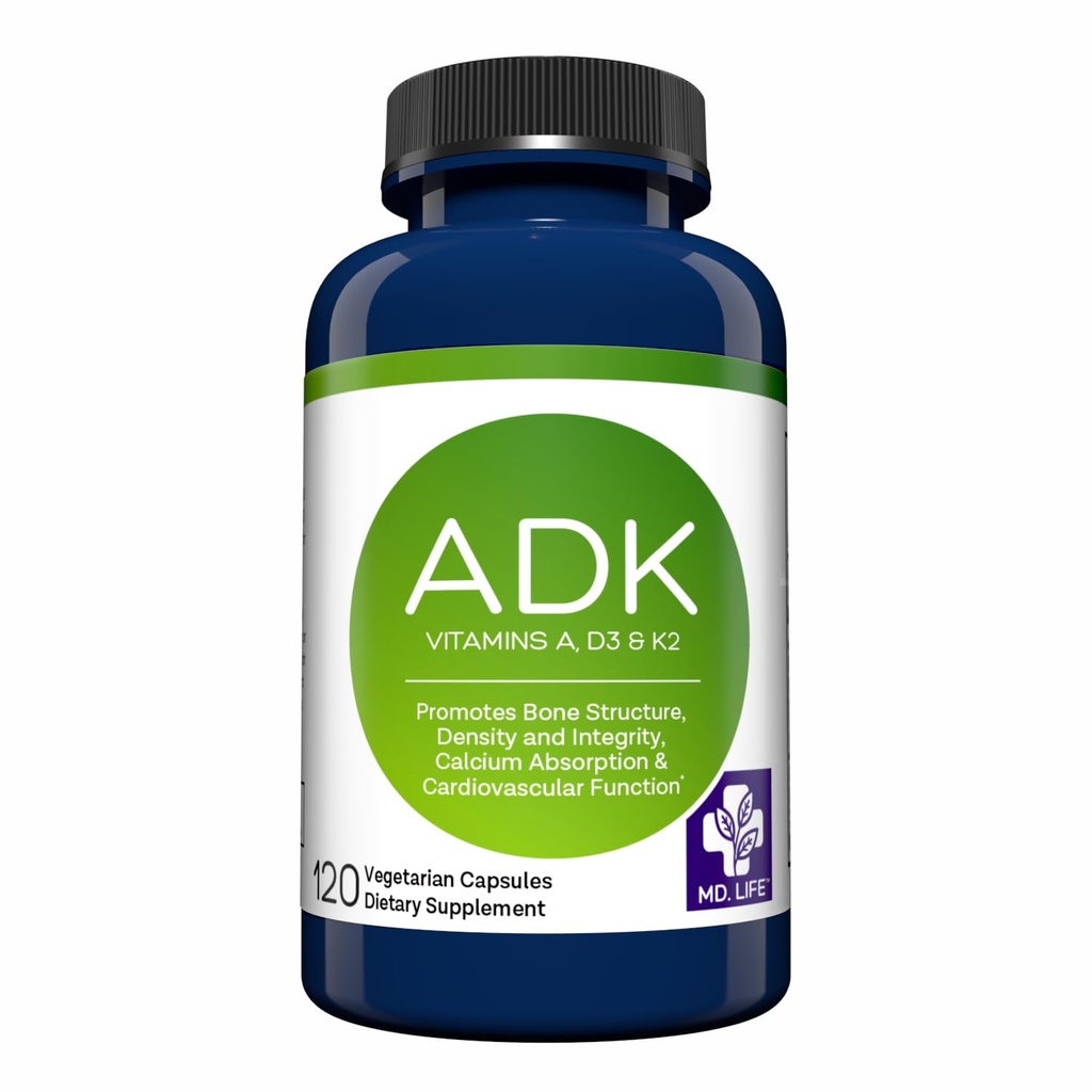 MD.LIFE ADK Vitamin Supplement – Vitamin D3 K2 ve A Kompleks - 120 Capsules – Yüksek Potency Vitamin ADK for Bone and Heart Health Support