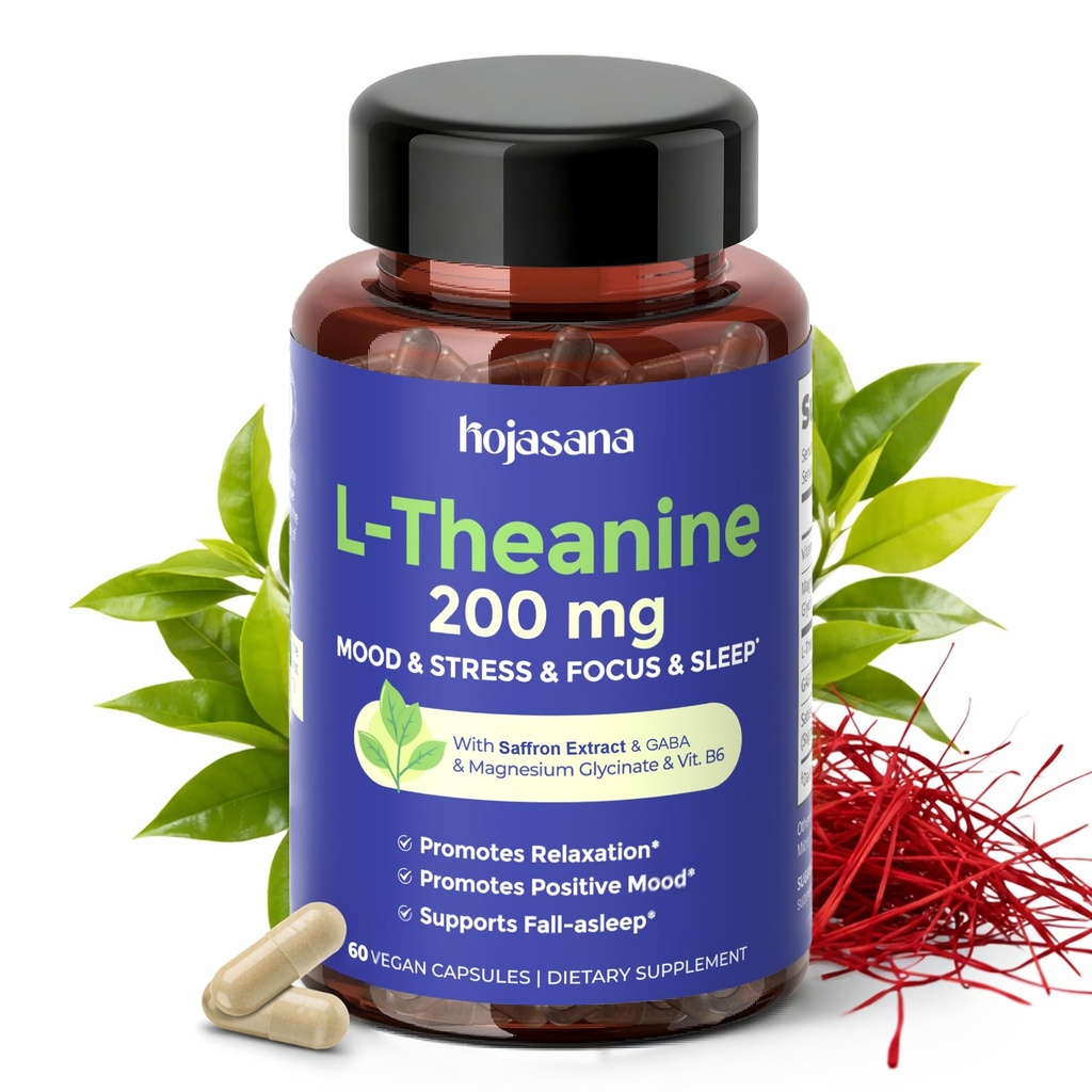 L Theanine 200 mg with Saffron, GABA, Magnezyum Glycinate & Vitamin B6, L-Theanine Supplement Advanced Kompleks Formula for Mood Relaxation & Stress Relief & Sleep Support, 60 Vegan Capsules