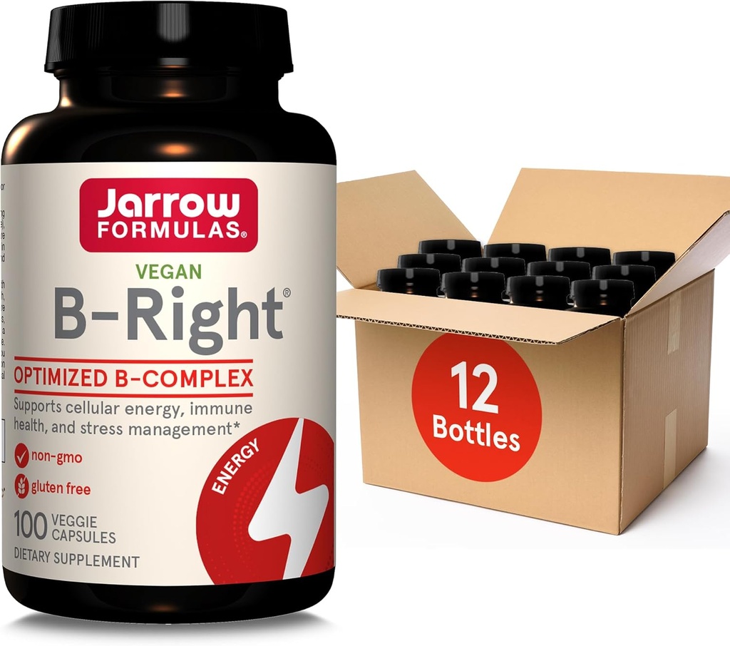 Jarrow Formulas B-Right,Optimized B Kompleksi B1,B2,B5,B6,B12 ve B9 Hücre Enerjiyi Desteklemek için,Immune Health ve Stres Yönetimi,100 Veggie Caps,Up to a 100 Day Supply, Pack of 12