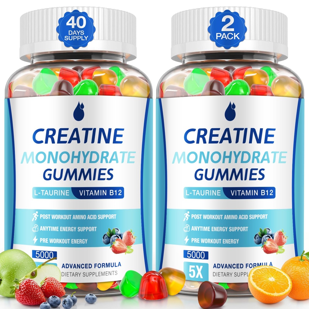 Erkekler ve Kadınlar için Kretine Gummies - 5g, Muscle Builder, Energy Boost & Pre-Workout Supplement, Low Sugar Taurine Chewable Gummy 2 Pack