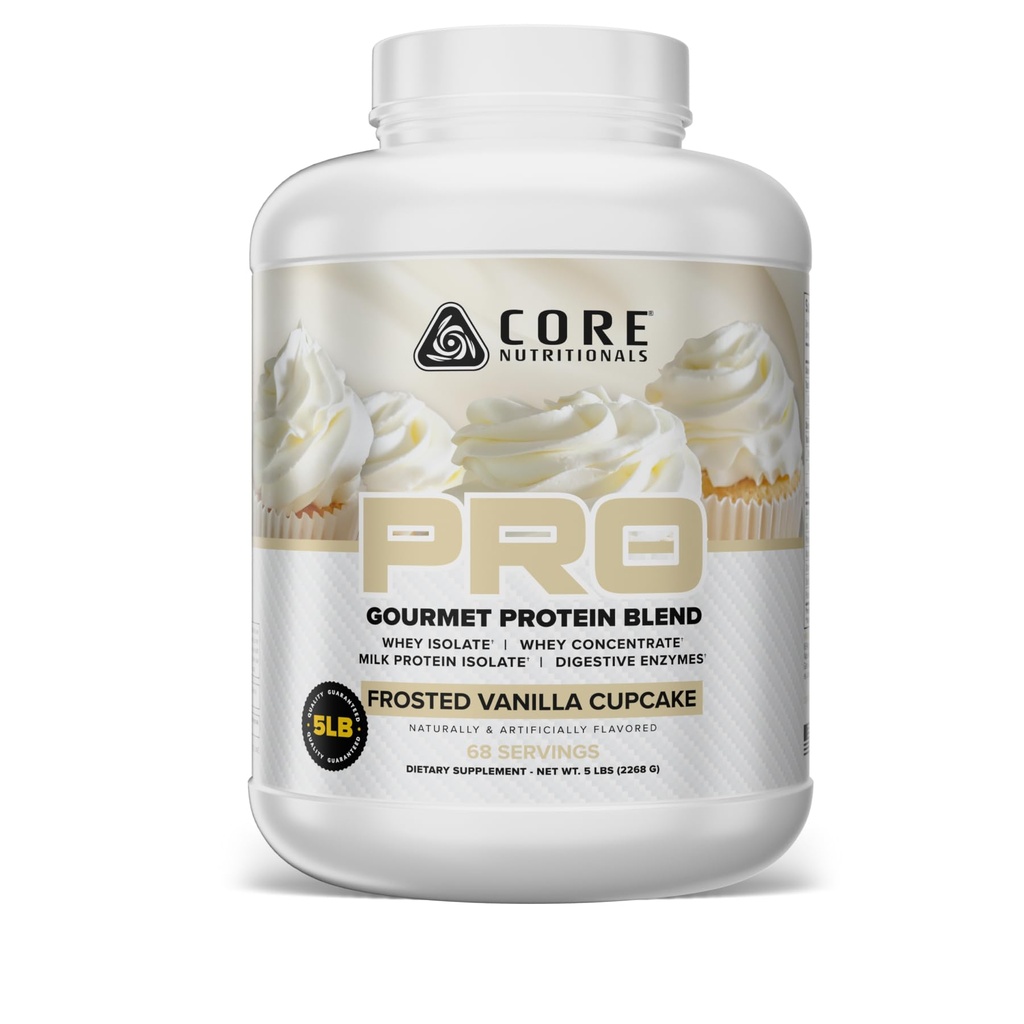 Core Nutritionals PRO Gourmet Protein Blend | Whey Protein Blend | with MCTs & Digestive Enzymes | Sustained Release Protein & Recovery Support | 68 Servings (Frosted Vanilla Cupcake)