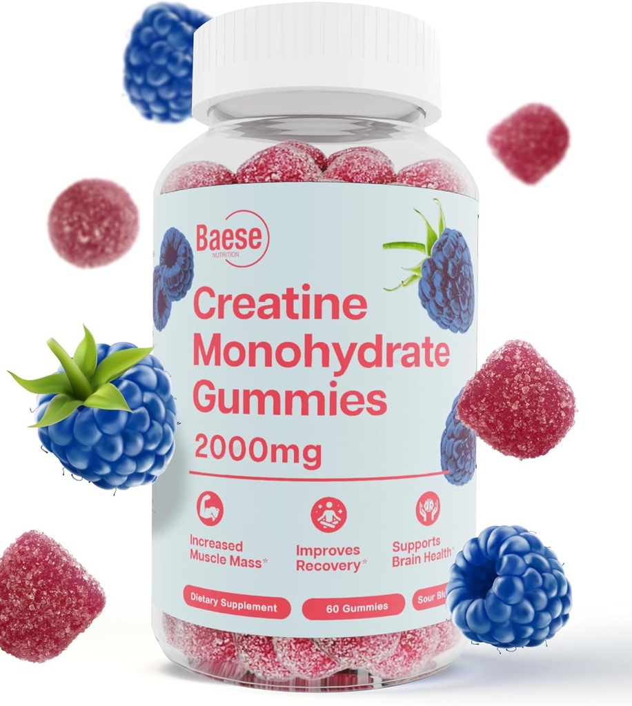 Erkekler ve Kadınlar için Kreşitine Monohidrat Gummies - Yüksek Saf Sour Blue Raspberry- Chewable Kre Strength & Energy Boost, Bio available Pre-Workout Supplement Supplement