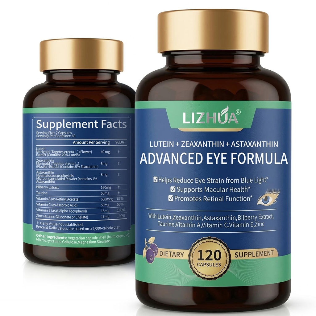 Lutein 40 mg & Zeaxanthin 8 mg Eye Vitamins, Astaxanthin, Bilberry, Taurin, Vitaminler A C E çinko, Blue Light & Macular Support, 120 Veggie Capsules