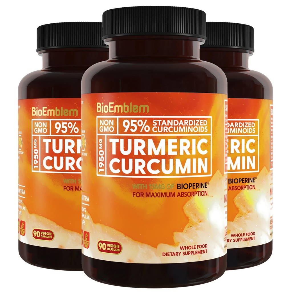 BioEmblem Turmeric Curcumin Supplement with BioPerine | Ortak Destek & Kalp Sağlığı | Organik Turmeric Toz &% 95 Curcuminoids Extract | California Made, Non-GMO, 90-Day Supply