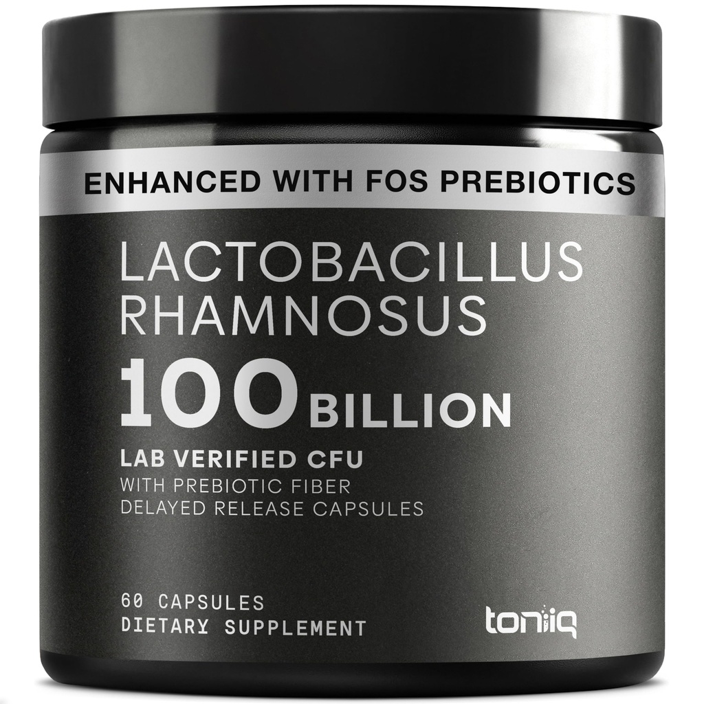 Toniiq Lactobacillus Rhamnosus – Ultra High Strength 100B CFU ile Prebiyotik FOS – Gecikmiş Yayın Kapsülleri – Üçüncü Taraflı Lab Test Edildi – 60 Capsules