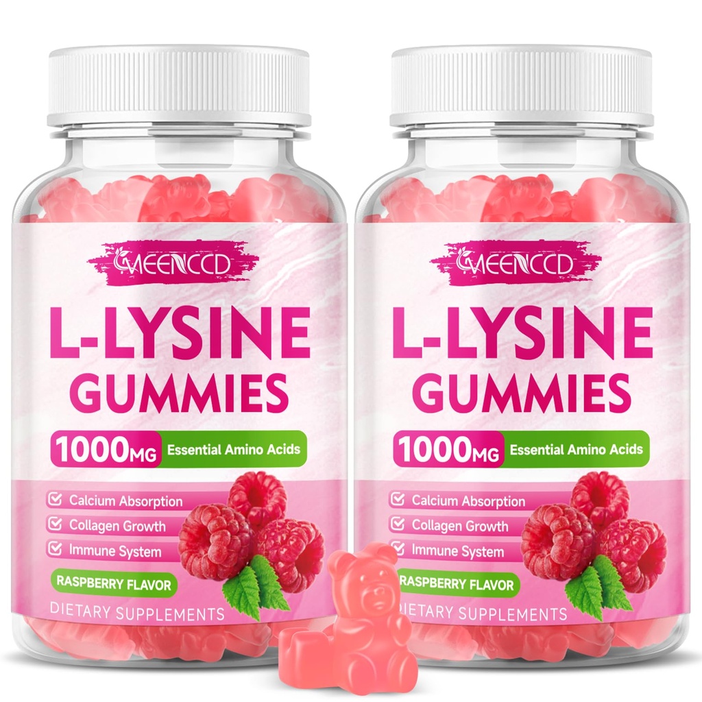 2 Pack L-Lysine 1000 mg Gummies, Lysine Supplement for Yetişkinler & Kids, Essential Amino Asit for Lips & Oral Health, Boost Immune & Collagen & Food, Sugar-Free, Raspberry Flavor, 120 Count