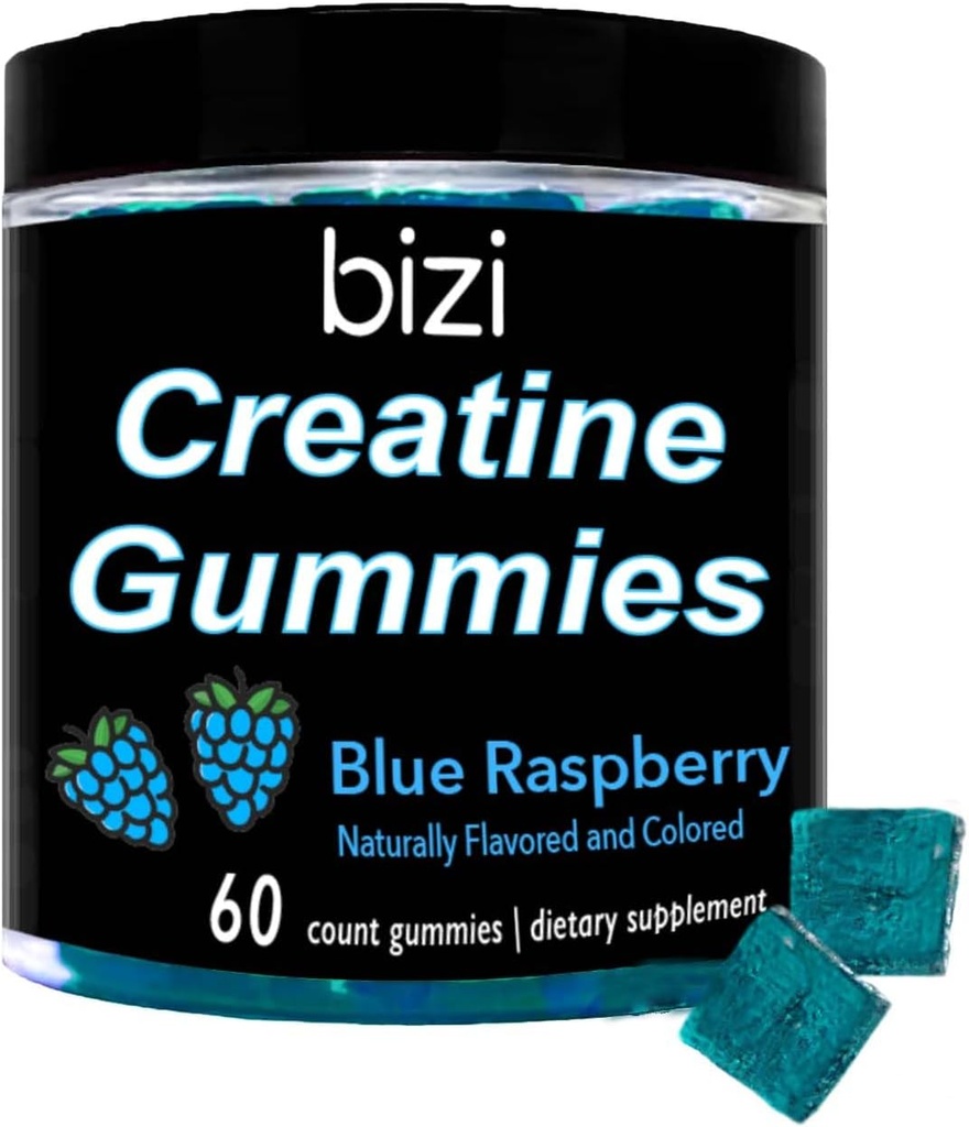 Bizi Creatine Gummys for Men & Women - 1g of Creatine Monohydrate per Gummy - Watermelon Flavor - Workout, Muscle Growth, and Recovery Supplement- Vegan & Gluten Free (60 ct) (Blue Raspberry)