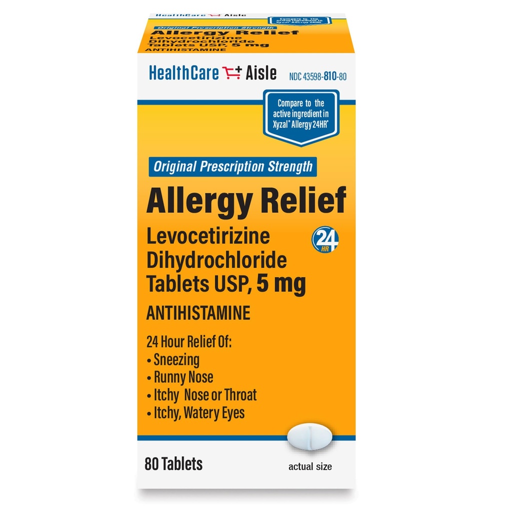 HealthCareAisle Allergy Relief - Levocetirizine Dihydrochloride Tablets USP, 5 mg - 80 Tablets - Original Prescription Strength Allergy Medication, 24-Hour Relief, 80 Count (Pack of 1)