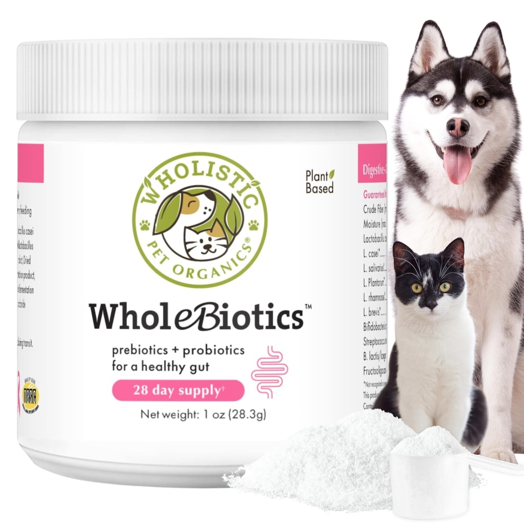 Wholistic Pet Organics WholeBiotics - Daily Dog Probiyotiks for Digestive Health Support & Immune Boost - 9 Strains - Prebiyotiks & Probiyotiks for Dogs & Cats - Gut Health for Dogs - 1 Oz - 28 Scoops