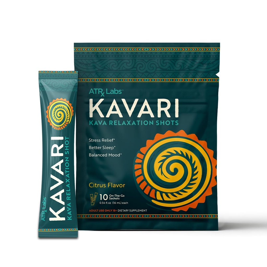 Kavari Kava Relaxation Shots - Citrus Flavor | Liquid Kava Root Extract | 275mg Kavalactones per Sachet | 10 Single-Serve 16mL Sachets