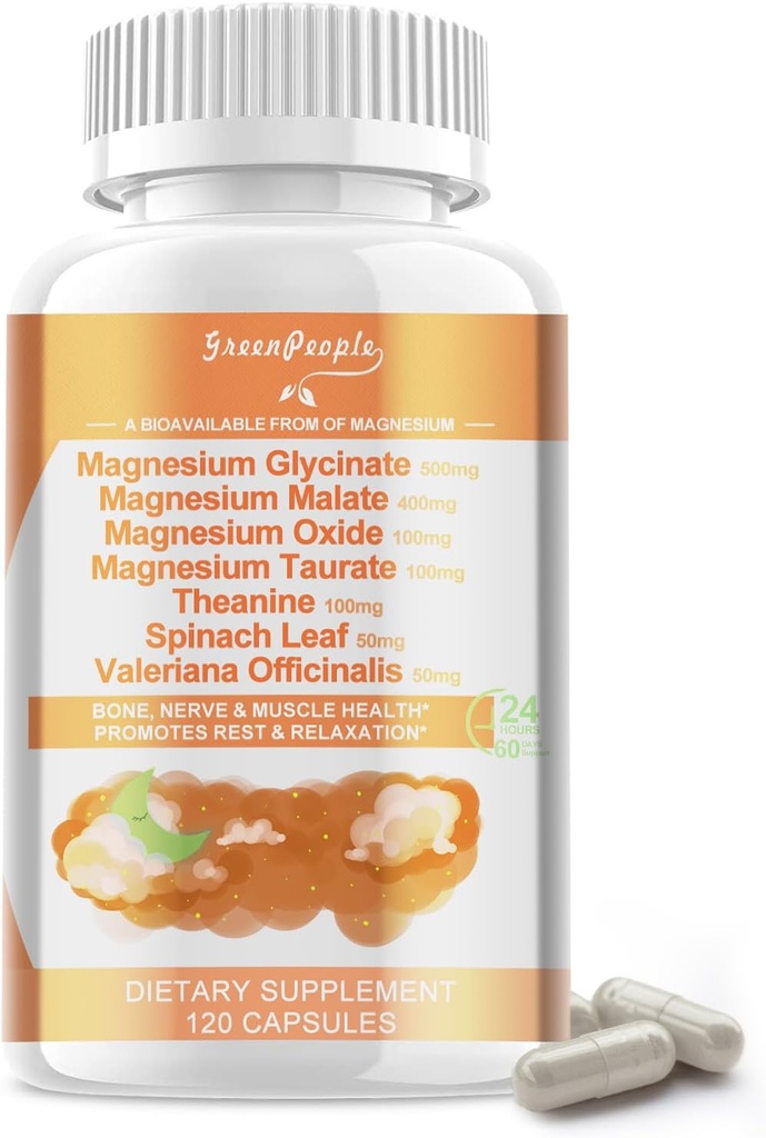 Magnezyum Glycinate 500 mg per Service, with Malate, Taurate & Hoffman, Magnezyum Supplement for Muscle, Bone,Sleep and Digestion Support, 120 Vegan Capsules, Non-GMOMOMO