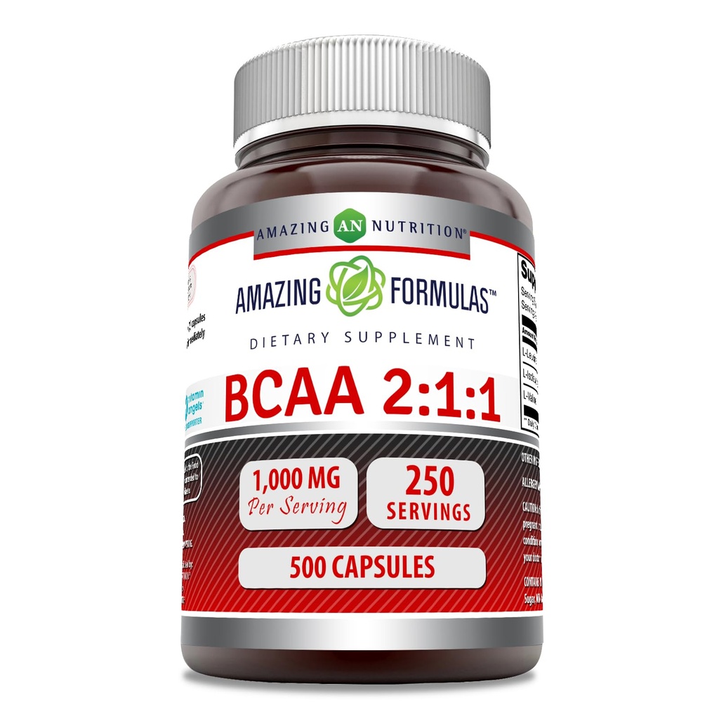 Amazing Formulas BCAA 2:1:1 1000 Mg Per | Capsules | Branşlı Zincir Pili Asitler Tamam | Non-GMO | Gluten-Free | ABD'de Yapılacak (1 Pack, 500 Count)
