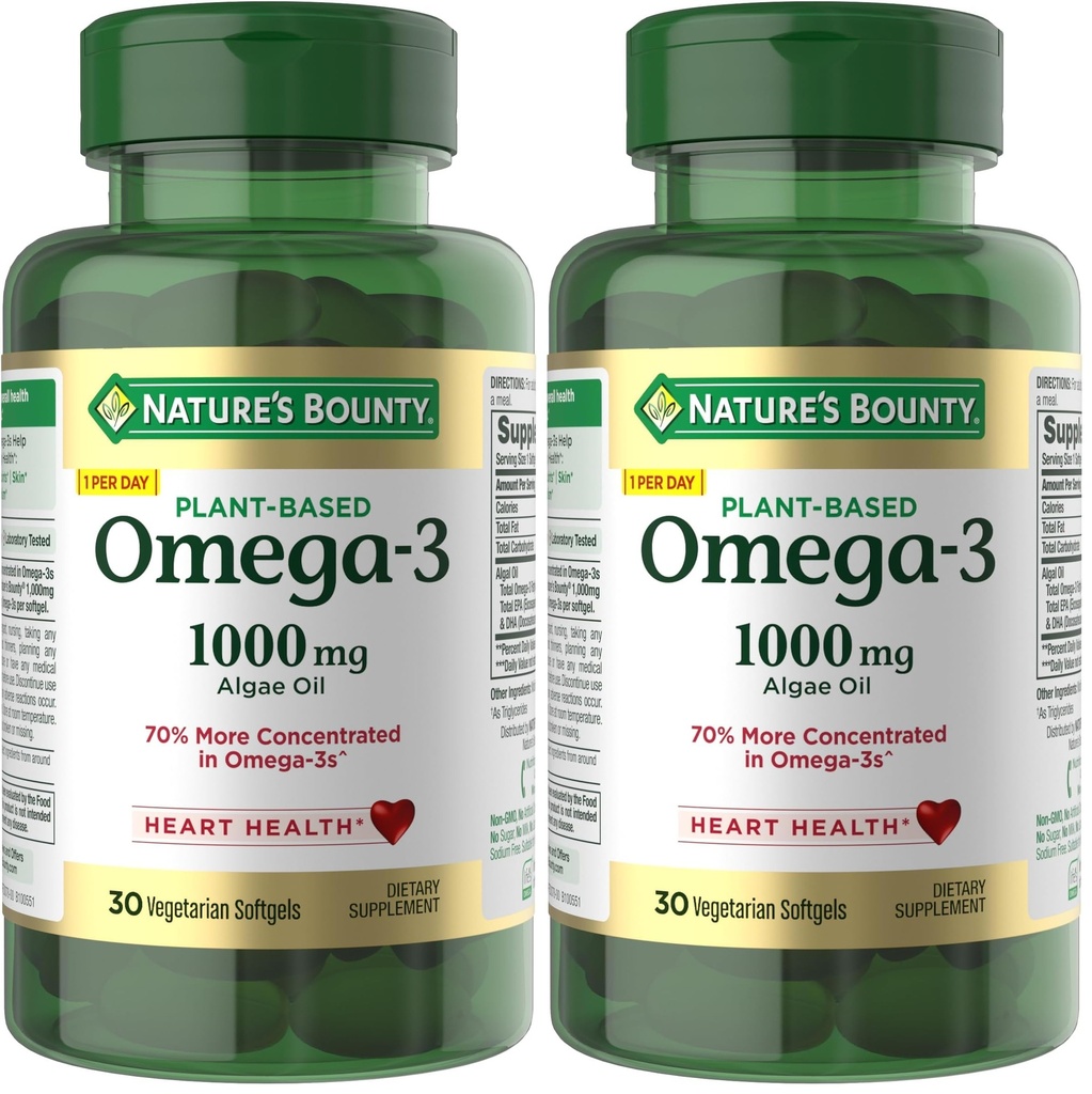 Nature's Bounty Omega 3, Plant-Based Omega 3 Fatty Acid Supplement, 520 mg, Supports Whole Body Health Including Heart, Skin, Ortak, 30 Vegetarian Softgels, Fish Oil Alternative (Pack of 2)