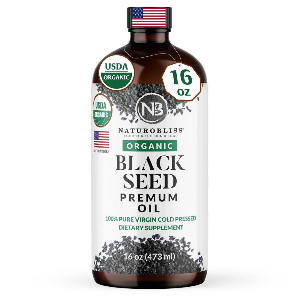 NaturoBliss Organik Siyah Tohum Yağı 100 Virgin Cold Pressed in Glass Şişe Omega 3 6 9 Super Antioksi Immune Support Joints Mobility Digestion Hair Skin Vegan Gluten-Free NonGMO USDA Sertifikalı 16oz