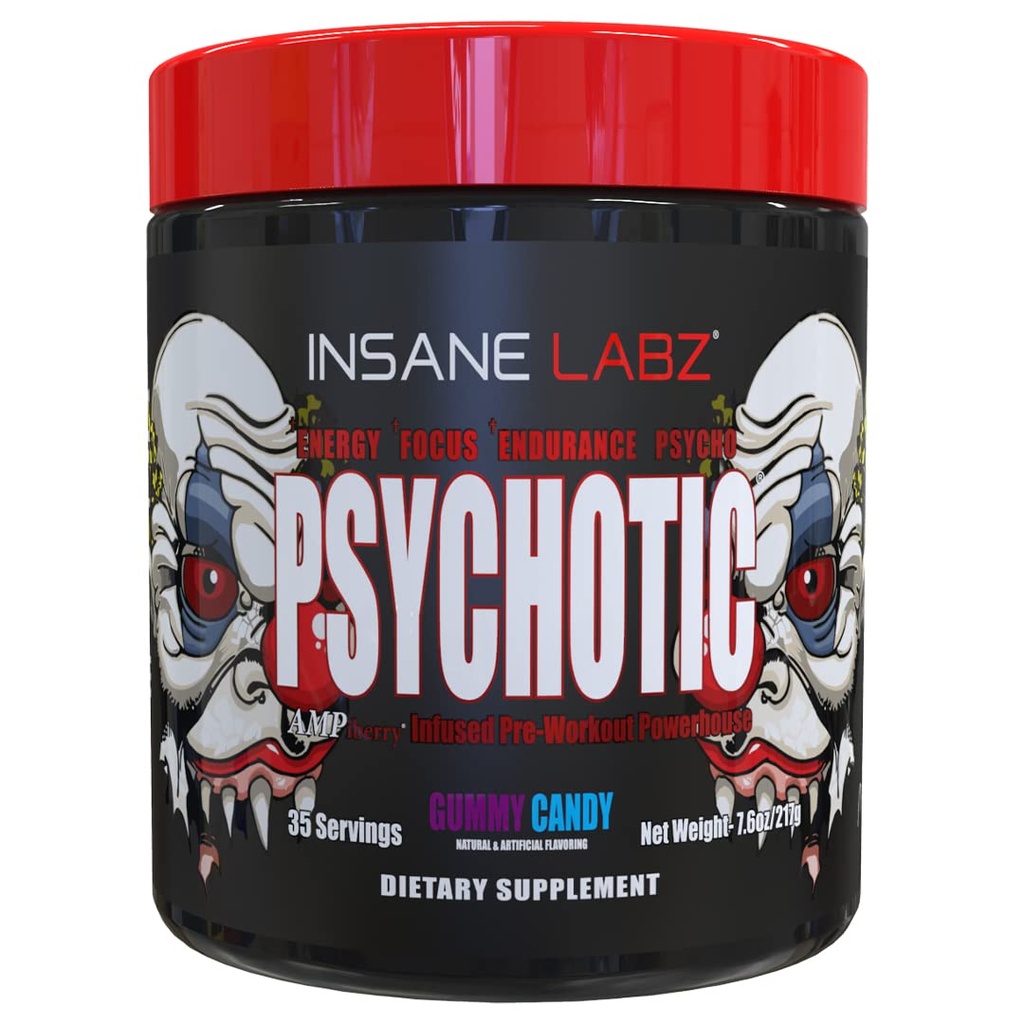 Insane Labz Psychotic, High Stimulant Pre Workout Toz, Extreme Lasting Energy, Focus and Endurance with Beta Alanine, Kretine Monohidrat DMAE, 35 Srvgs (Gummy Candy)