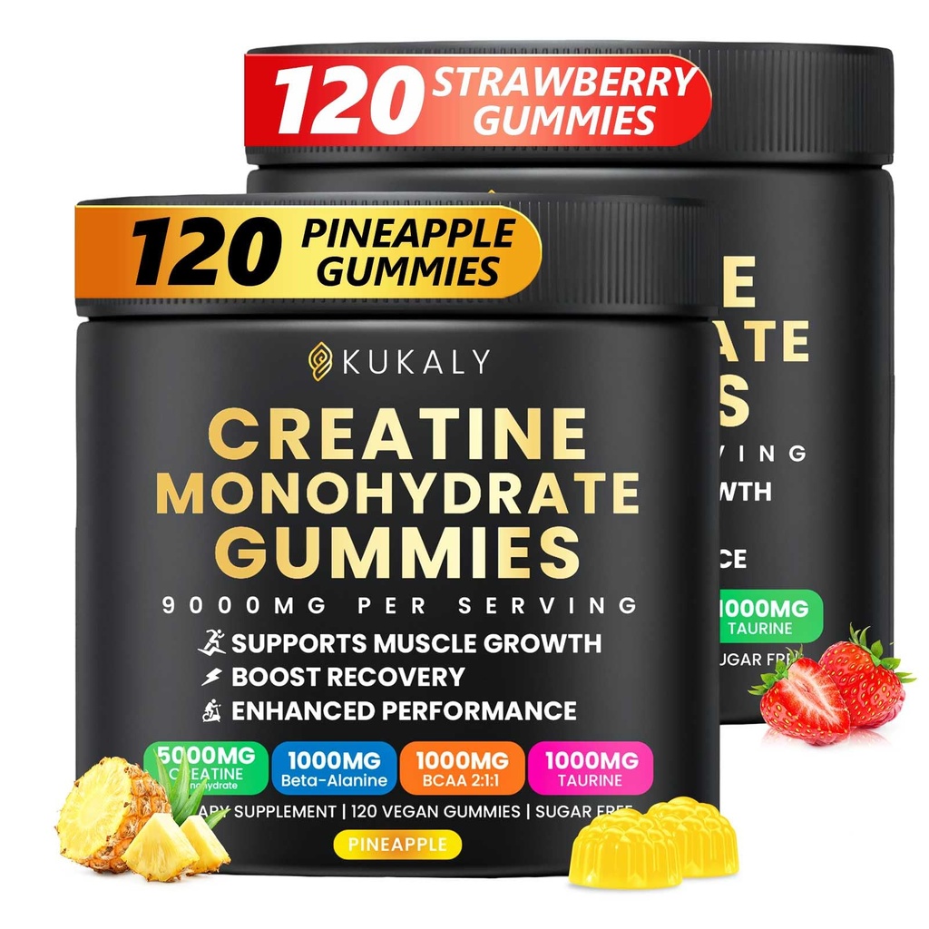 Erkekler ve Kadınlar için Kretan Monohidrat Gummies, 9000MG Kretine Gummies Sugar Free -BCAA 2:1, B12 B6 Boost Strength, Focus & Endurance, Vegan, Non-GMO