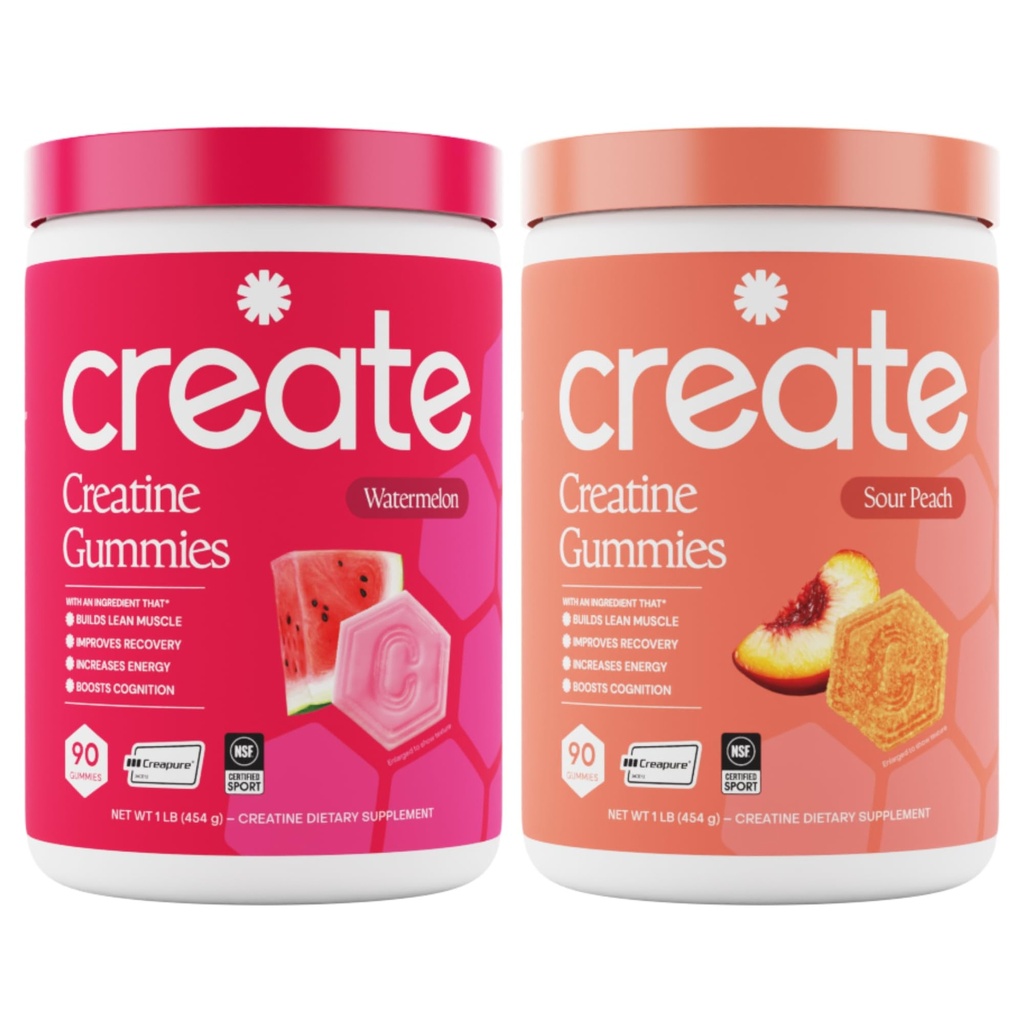 Kreatin Monohidrat Gummies - Beach Day Duo - Sour Peach & Watermelon - Kadınlar ve Erkekler için Kretine Gummies, 3rd Parti Test Edildi, Anti-Melting Formula, 180 Count (2-Pack)
