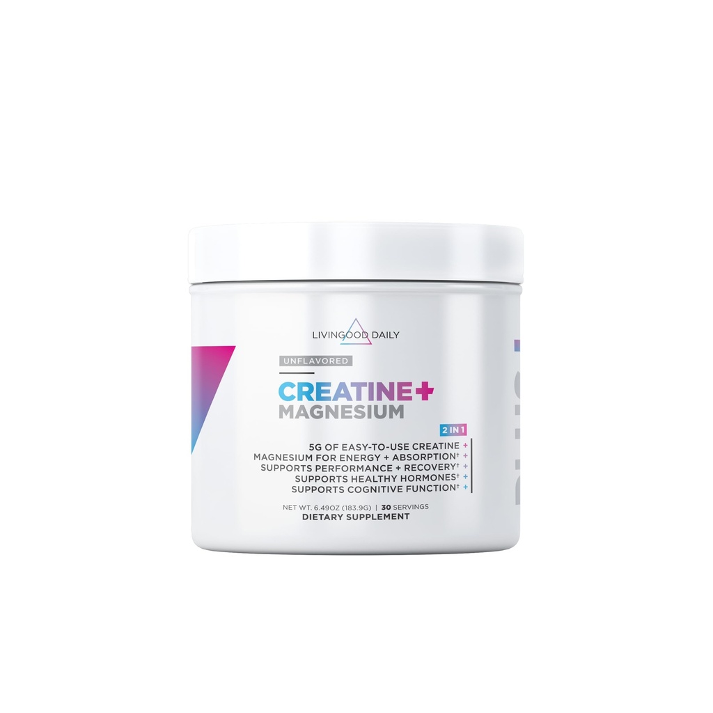 Livingood Daily Kretine + Magnezyum Toz, Unflavored | 5g Micronized Kre Recovery & Performans | 30 Hizmet