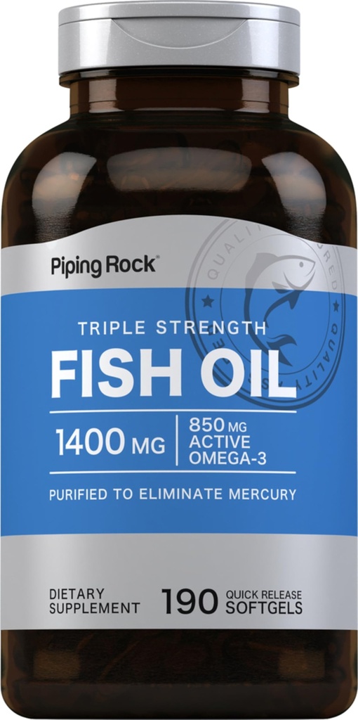 Piping Rock Fish Oil Omega 3 Supplement | 1400 mg | 190 Softgels | Kadınlar ve Erkekler için | Üç Güç | EPA & DHA | Non-GMO & Gluten Ücretsiz
