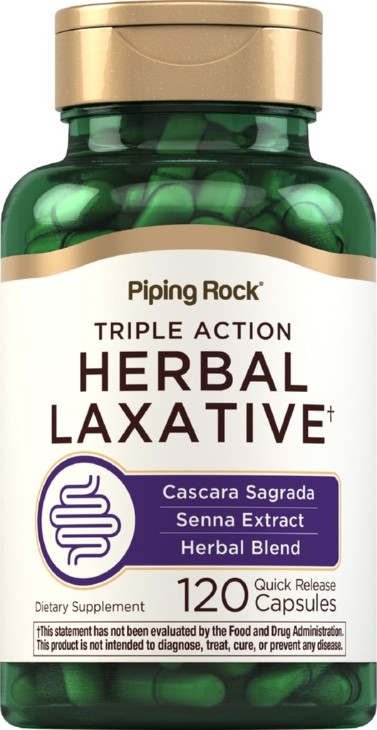 Piping Rock Herbal Laxative Capsules | 120 Count | Triple Action Supplement Meeting with Cascara Sagrada ve Senna Extract | Non-GMO, Gluten Free