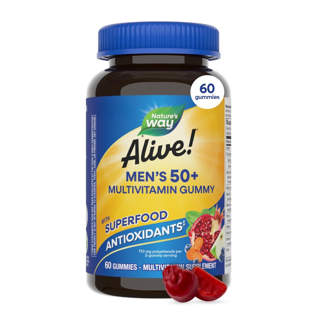 Doğanın Yolu Alive! Erkeklerin 50+ Günlük Gummy Multivitaminleri, Sağlıklı Beyin, Gözler, Kalp*, B-Vitamins, Gluten-Free, Vegetarian, Fruit Flavored, 60 Gummies (Pazar May Vary)