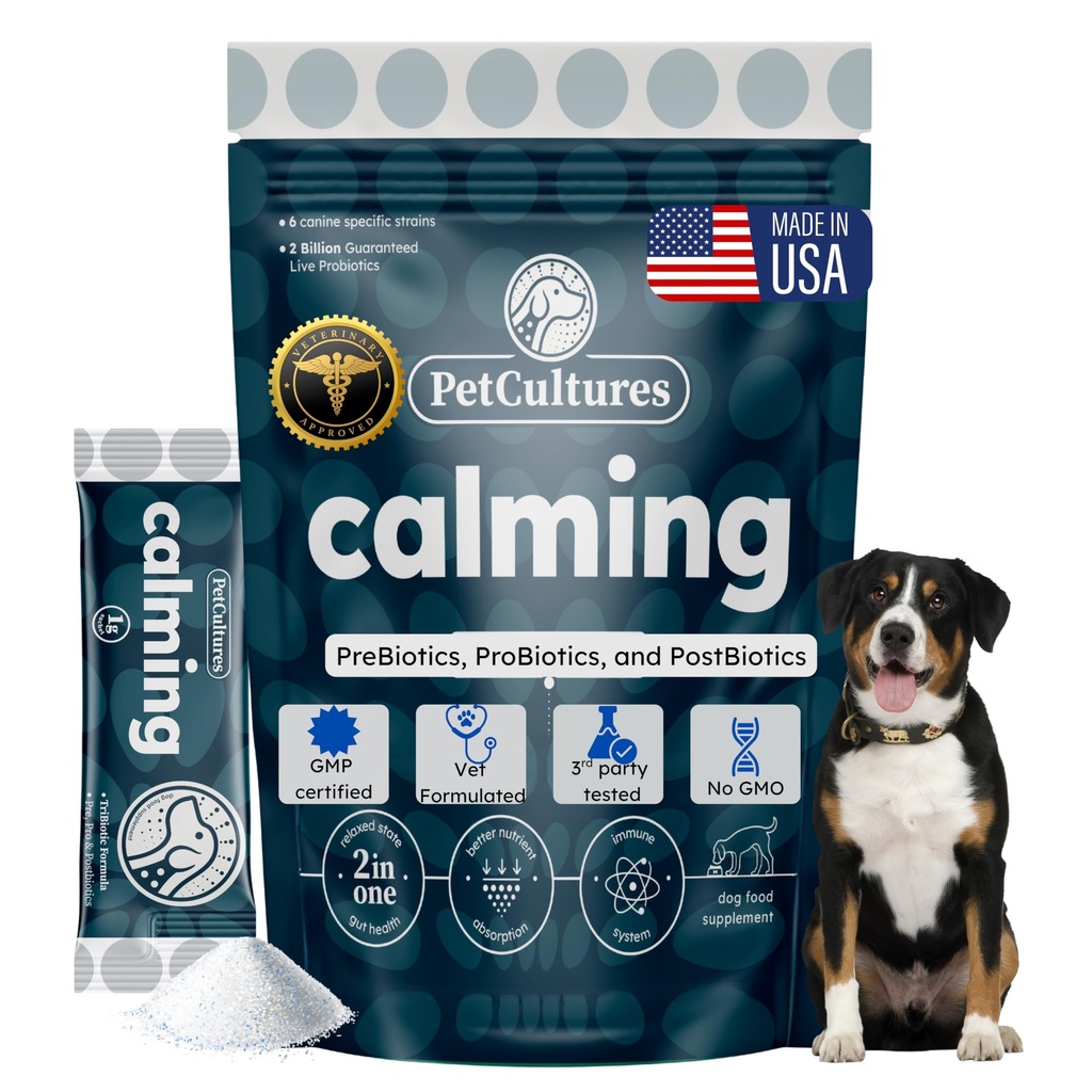 PetCultures Calming Tribiotic Dog Supplement Powder – Supports Stress, L-Tryptophan, L-Theanine, and Gut-Brain Axis Balance - Made in USA (30)