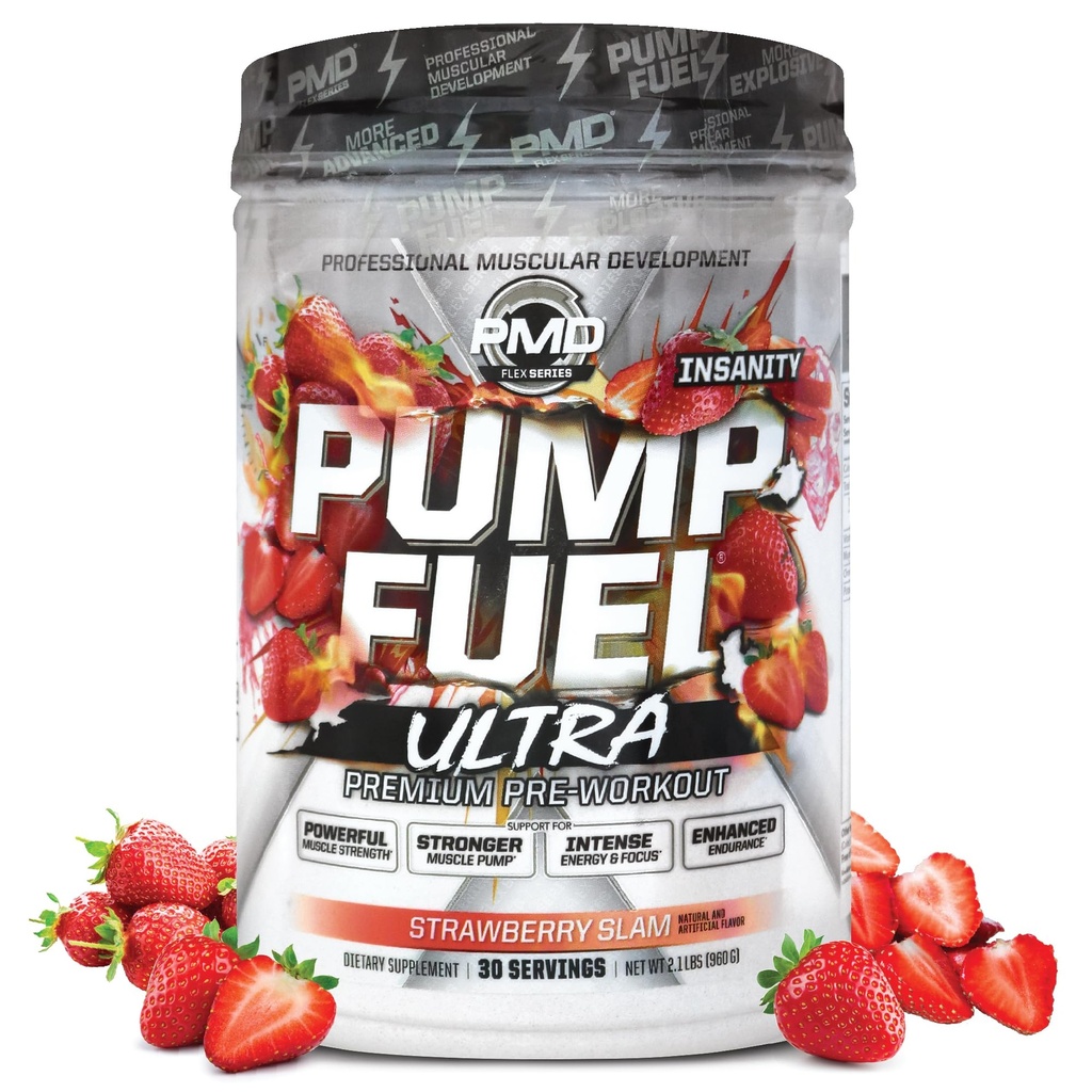 PMD Sports Pump Yakıt Insanlığı - Premium Pre Workout Toz & Muscle Pump, Greater Focus, Endurance & Recovery, Premium Kreine, Arginine & Beta Alanine - Strawberry Slam (30 hizmet)