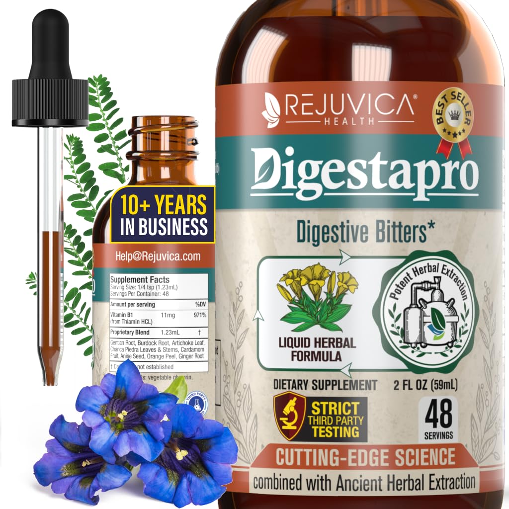 Rejuvica Health DigestaPro - Gelişmiş Digestive Bitters Tamam - Daha İyi Aborpsiyon için Sıvı Teslimat - Gentian, Artichoke, Burdock, Chanca Piedra, Ginger & More!