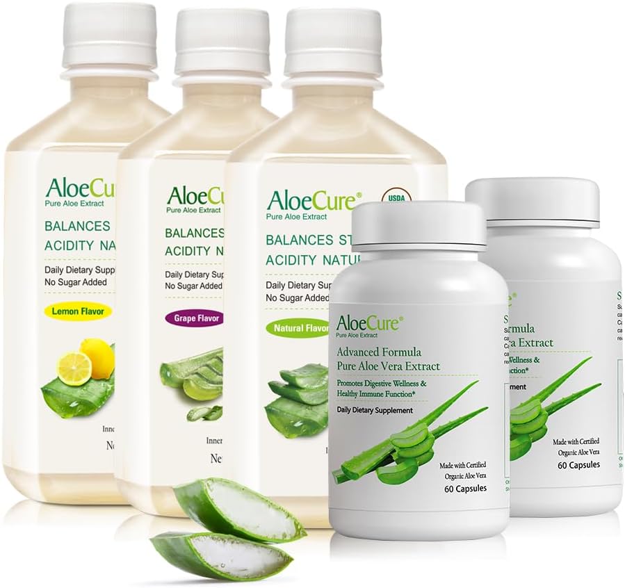 AloeCure Organik Aloe Vera Digestion Set - 5 Pack - Grape, Natural, Lemon Flavor Juice, 2rewxAloe Vera Capsules 60caps