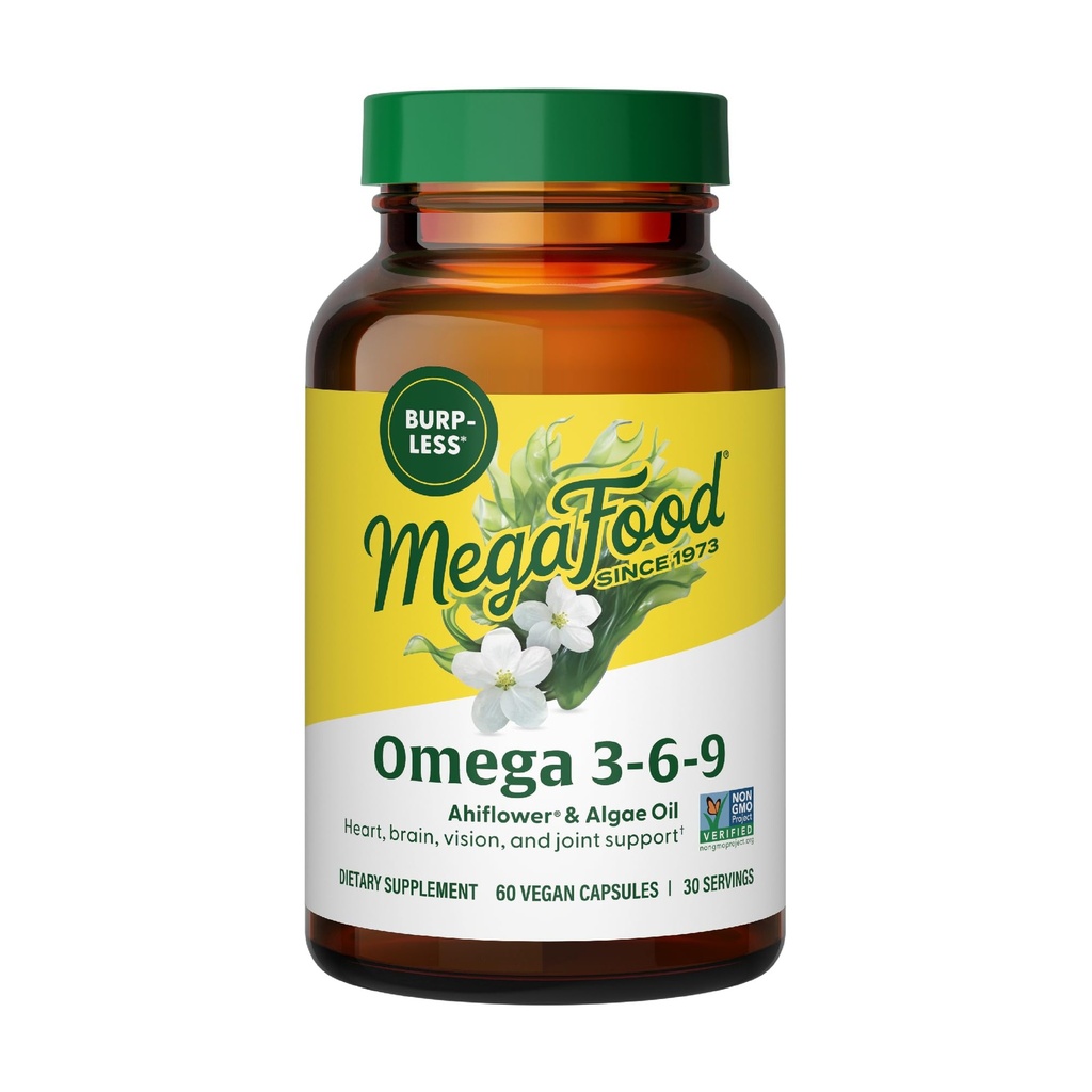 MegaFood Vegan Omega 3 6 9 - Burp-Lesss Supplement - 600 mg Plant-Based Omega 3 & 150 mg DHA Per Servis - Kalp, Beyin, Vizyon ve Ortak Destek - Fish Oil Alternative - 60 Capsules, 30 Hizmetler