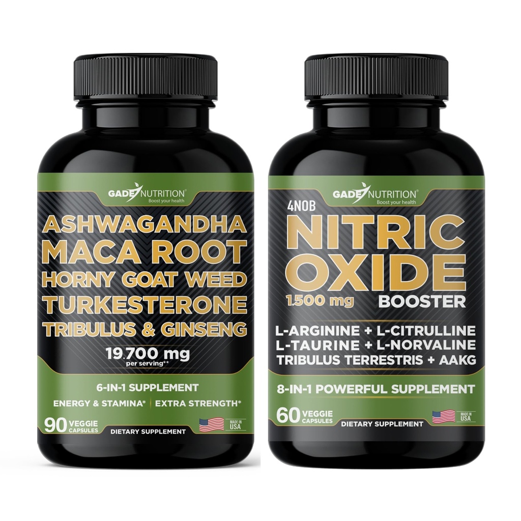 Gade Beslenme Ashwagandha with Maca Root, Horny Goat Weed, Turkesterone, Tribulus Terrestris, Panax Reality + Nitrik Membran Uyarısı - Enerji için Paket, Vitality, Performans, Pump