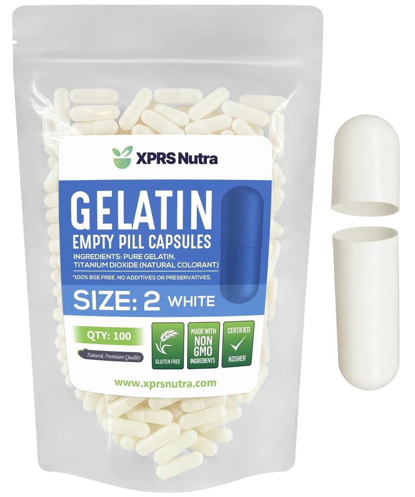 XPRS Nutra Boyutu 2 Boş Kapsüller - 100 Kont Boş Gelatin Capsules - Pills DIY Capsule - Pure Bovine Pill Gel Caps For Do-It- Yourself Supplements (Beyaz)