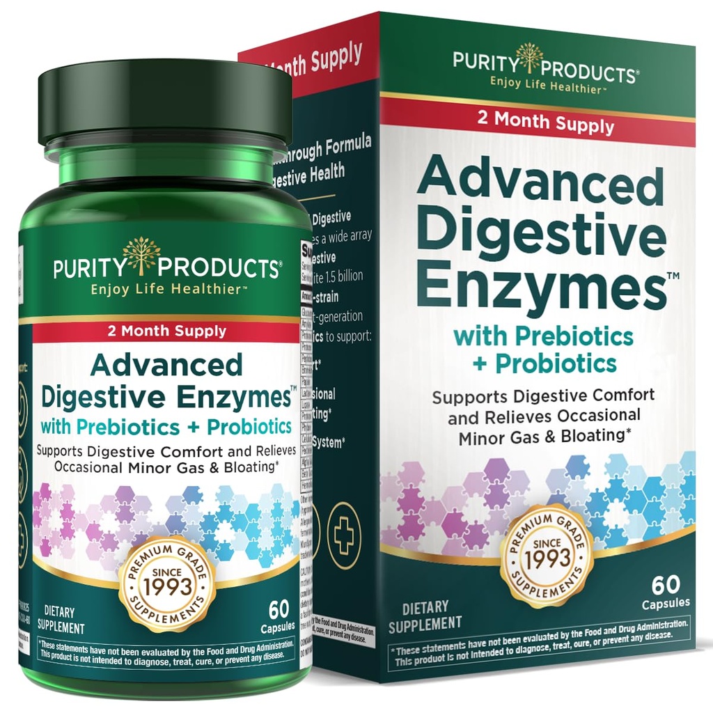 Purity Products Advanced Digestive Enzymes with Probiotics & Prebiotics – Digestive Health Supplement for Bloating, Gas Relief & Gut Support – Plant-Based Enzymes + 1.5B CFUs 60 Veggie Capsules