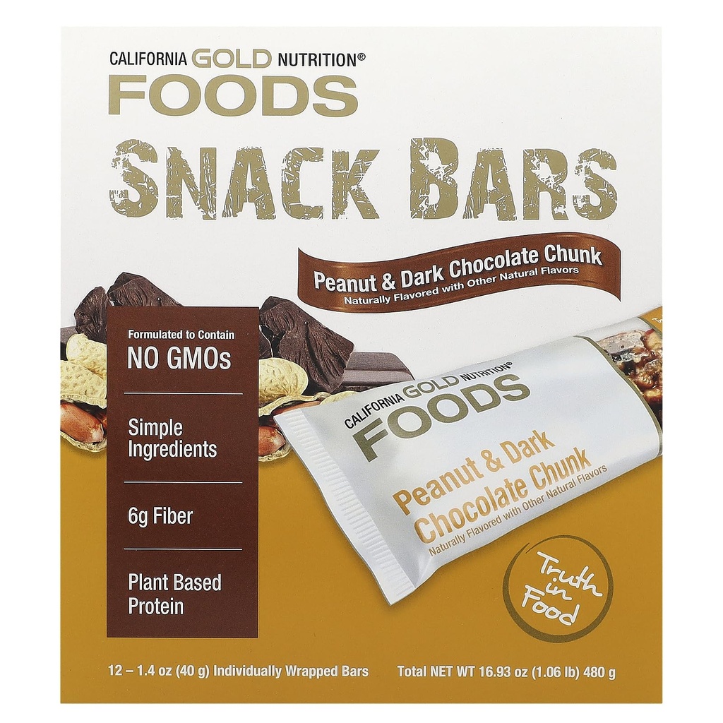 California Gold Beslenme Gıdaları, Peanut & Dark Chocolate Chunk Bars ile Kuru Roasted Almonds, Chicory Root Fiber, Pea Crisps ve Honey, 12 Bars, 1.4 oz (40 g) Her biri