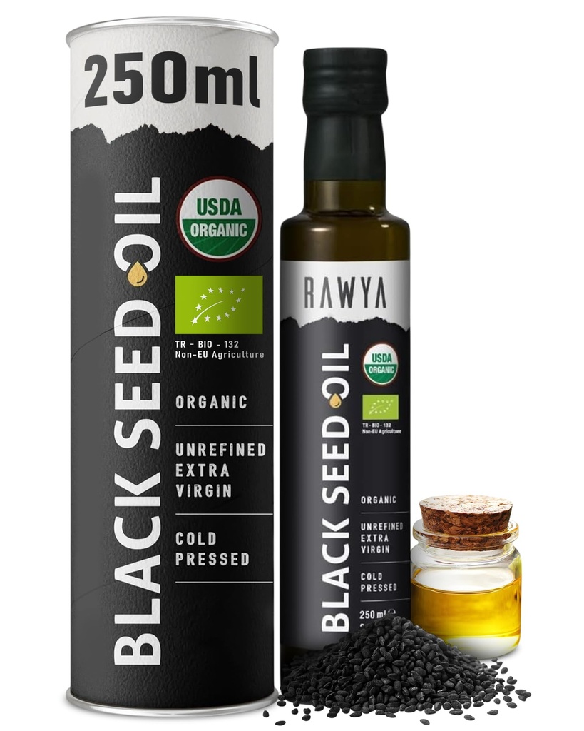 RAWYA Black Tohum Yağı - USDA Organik Onay - Soğuk Basın - 8.4 Fl oz - Ekstra Bakteri - Türk Siyah Cumin Tohumu - Premium Nigella Sativa ile Youmoquinone - Kalonji - Non-GMO, Gluten-Free - Beslenme Supplements - Ekstra Güçlü Tadı