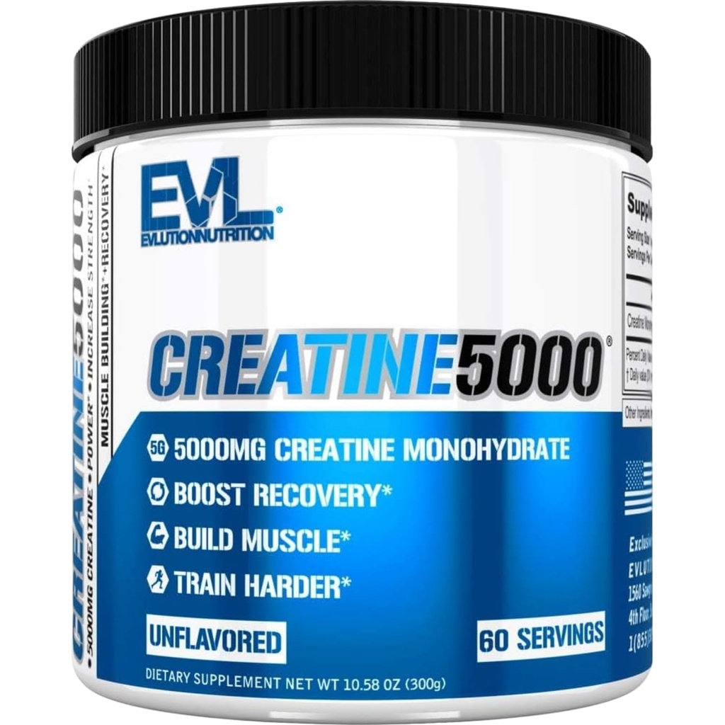 Evlution Beslenme Kretine 5000 - Destekler Hızlı Kurtarma, Lean Kas Büyüme ve Performans - Pre & Post Workout Toz - 5000 mg Pure Kretine Monohidrat - 60 Hizmet - Unflavoreded