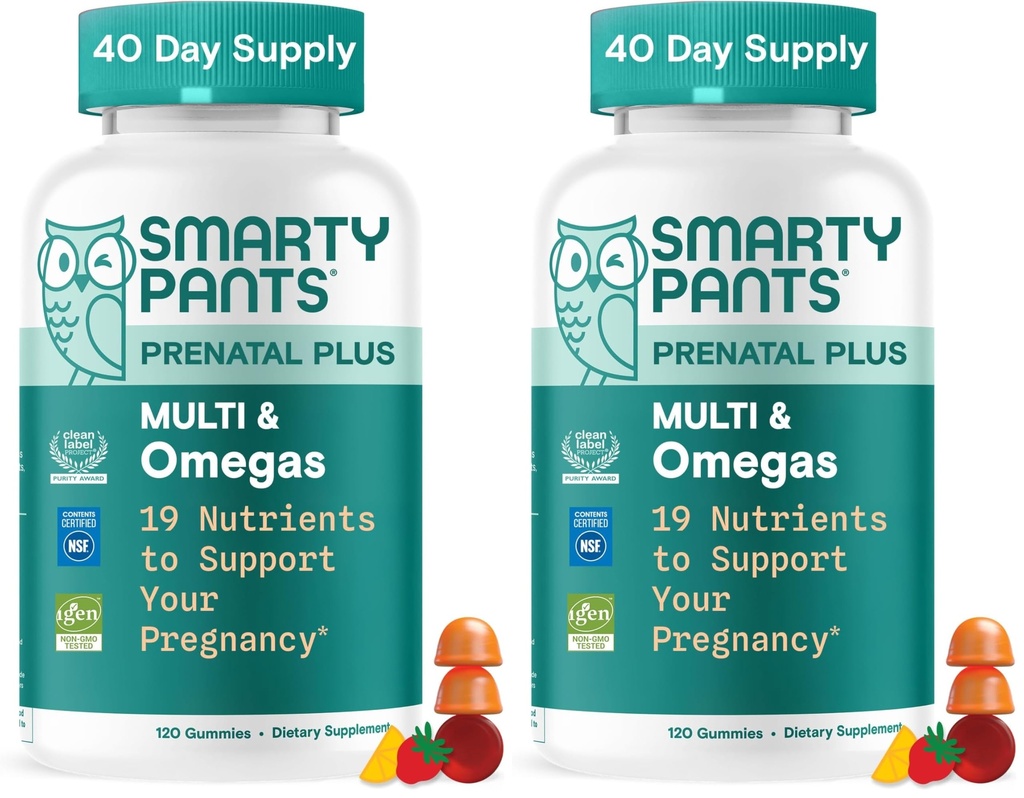 SmartyPants Prenatal Multivitamin Gummies, Omega 3 (DHA/EPA), Torchfolate, Biotin, Vitamin D3, C, B12, B6, A, K & çinko, Gluten Free, 120 Kont (40 Day Supply) (Pack of 2)