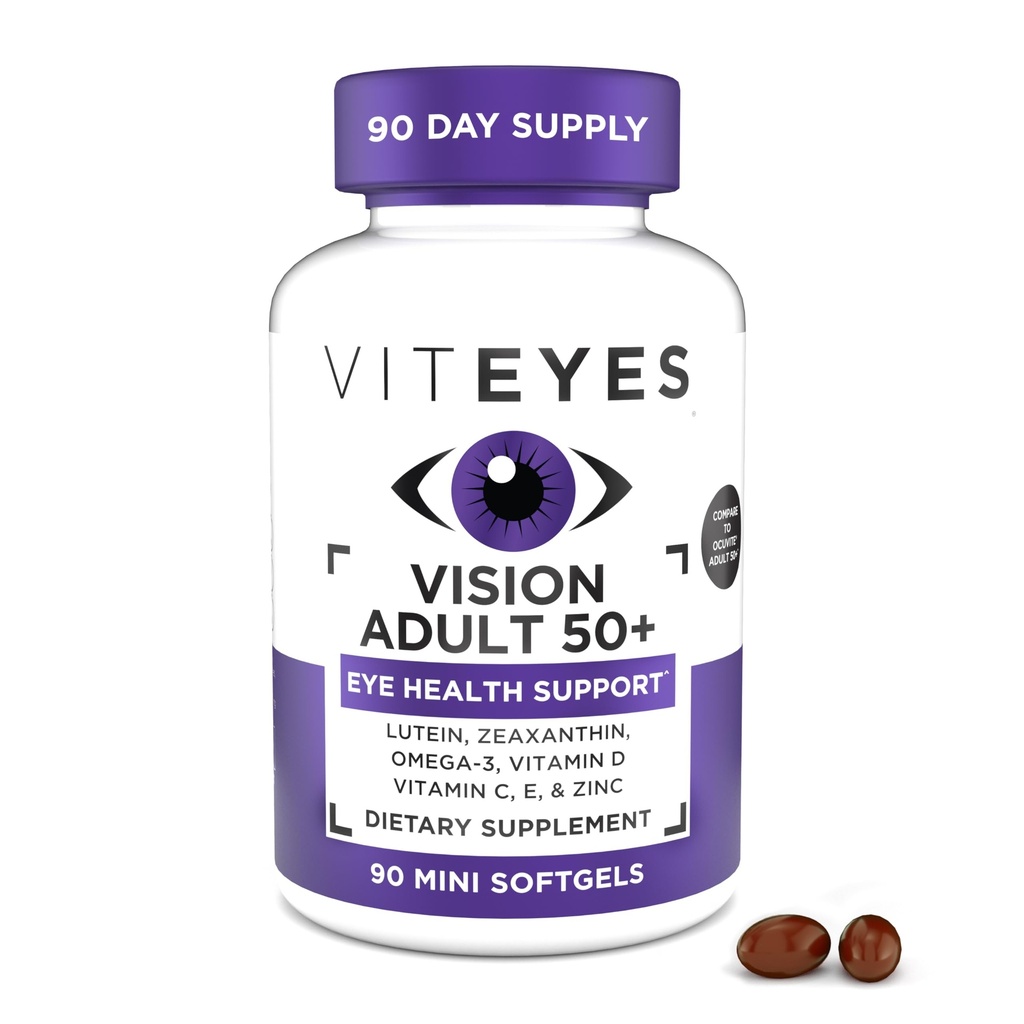 Viteyes Vision for Ages 50 Plus for Eye Health, Vision Support, Aging Eyes, Lutein, Zeaxanthin, Omega-3, çinko, C vitamini, Vitaminler D, Vitaminler E, Eye Doktor Güvendi, ABD'de Üretilen 90 Ct