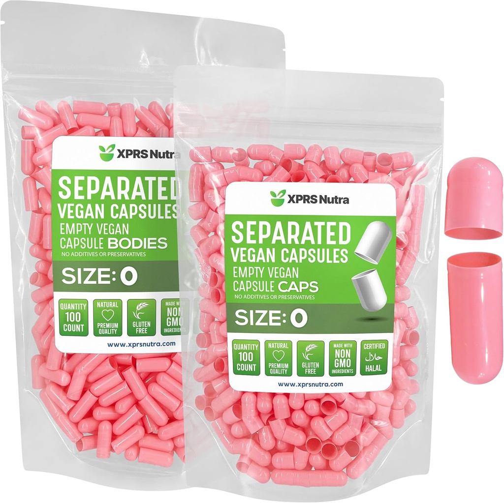 XPRS Nutra Vegan Boyutu 0 Ayrılı Kapsüller - 100 Kont Premium Boş Kapsüller Çantada Ayrıştı - Pills 0 DIY Supplement (Pink) için Boş