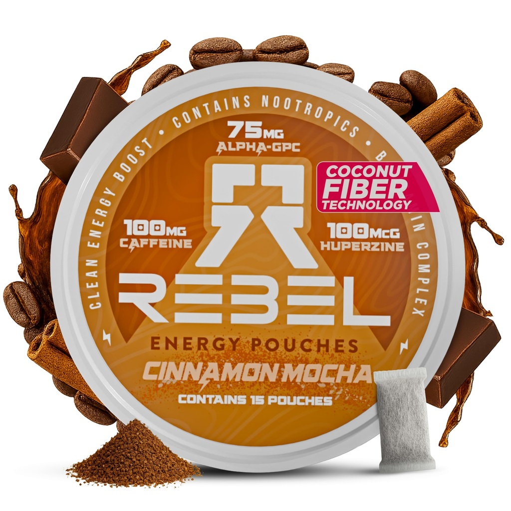Rebel Nootropic Energy Caffeine Pouches (Cinnamon Mocha) • 100 mg Caffeine • Alpha GPC • Huperzine A & Essential Vitaminler • Sugar-Free • Coconut Fiber Teknolojisi • 1 Pouches Per Can (Pack of 1)