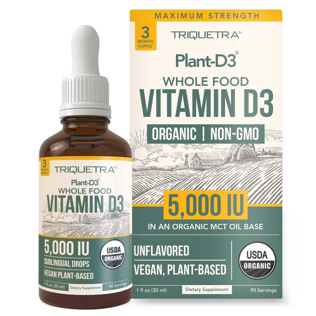 Plant-D3 Organik Vitamin D3 5000 IU - Vegan, Max Strength Sublingual Liquid D3 Drops -% 200 Yüksek Aborpsiyon -% 100 Plant-Based Cholecalciferol Form - All Ages (1oz Liquid) için Artırılmış Dosing