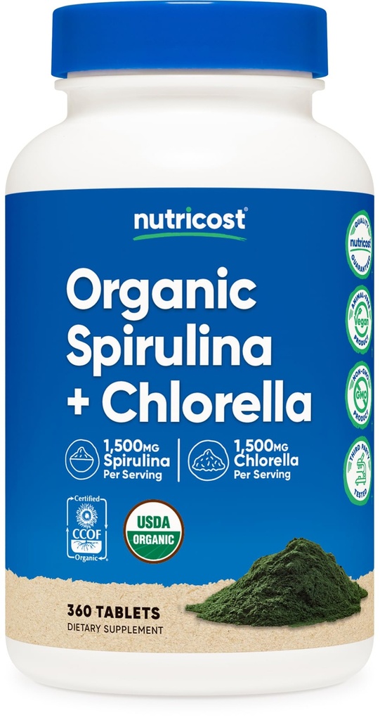 Nutricost Organic Spirulina + Chlorella (3.000 mg) 360 Tablet - USDA Organik, 1.500 mg Spirulina, 1.500 mg Chlorella, Vegan, GMO-Free, Gluten-Free, 60 Hizmetler