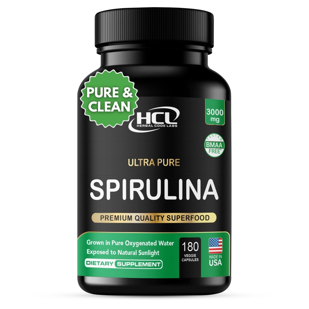 Spirulina Toz Capsules 3000 mg - Purest Non-Irradiated Blue Green Algae - En İyi Raw Vegan Protein - Yeşil Superfood - Natural Multivitamins - ABD'de 180 Pills